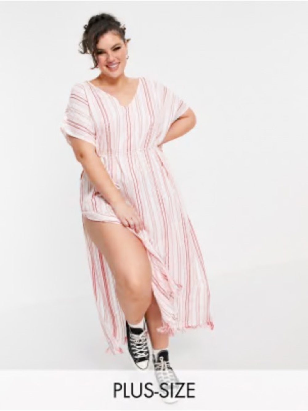 Plus size red, white, pink striped swim coverup